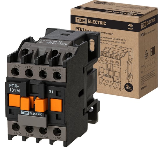 Изображение товара Промежуточное реле TDM ELECTRIC Рпл-131м ухл4б, 16а, 230в 50гц, 3но+1нз SQ0701-0509