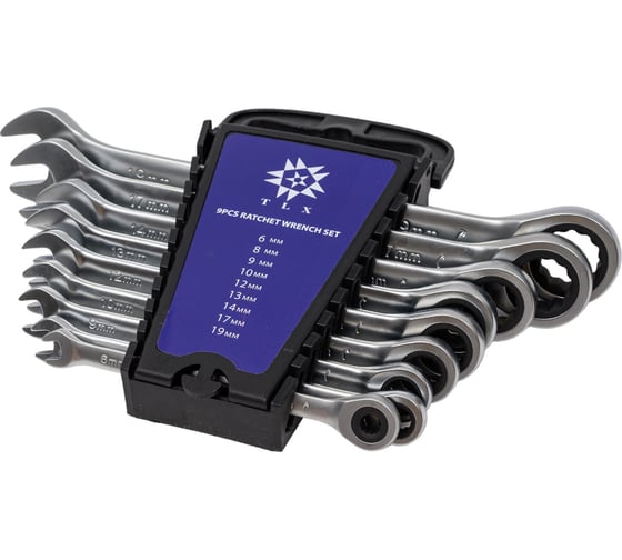 Изображение товара Набор комбинированных ключей TLX MT8602PR рожковые и накидные, с трещоткой, 6-19 мм, на клипсе, 9 шт. 73375