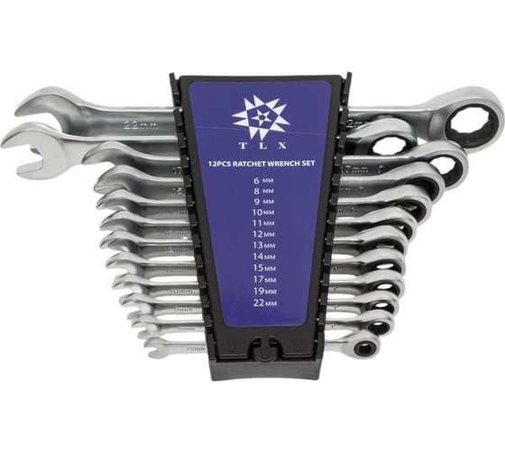 Изображение товара Набор комбинированных ключей TLX MT8602PR рожковые и накидные, с трещоткой, 6-22 мм, на клипсе, 12 шт. 73377