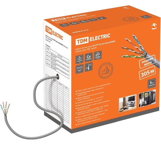 Изображение товара Кабель витая пара TDM ELECTRIC U/UTP Cat 5e 4х2х24AWG 305м solid, ПВХ, серый SQ0107-0101
