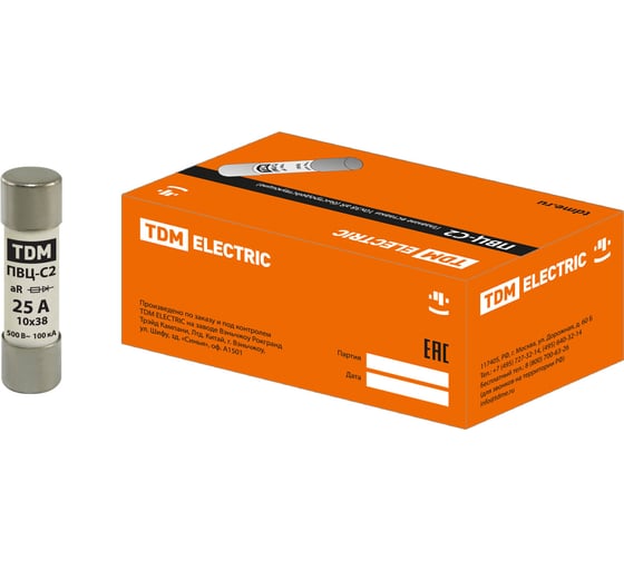 Изображение товара Плавкая вставка TDM ELECTRIC ПВЦ-С2 10х38 aR быстродействующая 25А SQ0729-0046