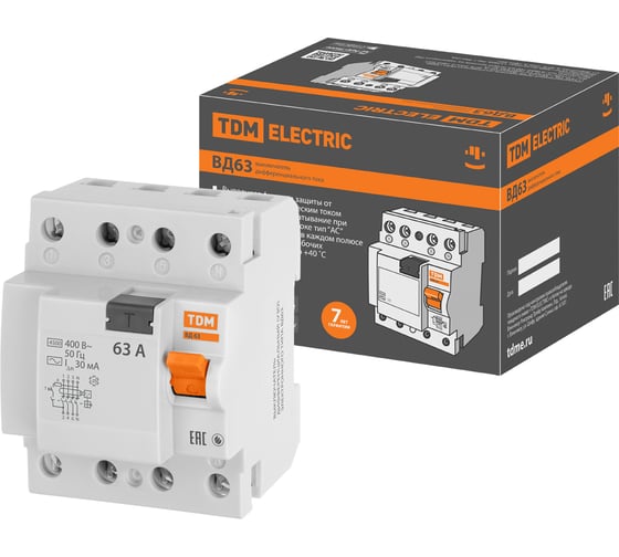 Изображение товара Устройство защитного отключения TDM ELECTRIC ВД63 4Р 63А 30мА электронное SQ0220-0010