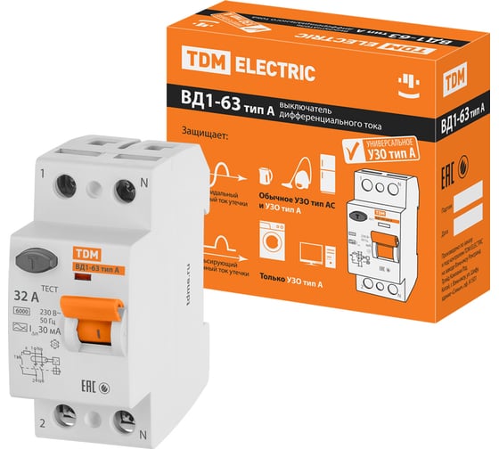 Изображение товара Устройство защитного отключения TDM ELECTRIC ВД1-63 2Р 32А 30мА тип А SQ0203-0077