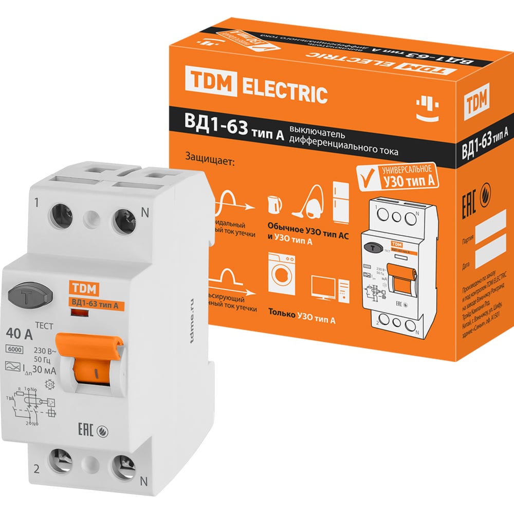 Изображение товара Устройство защитного отключения ВД1-63 2Р 40А 30мА тип А TDM ELECTRIC