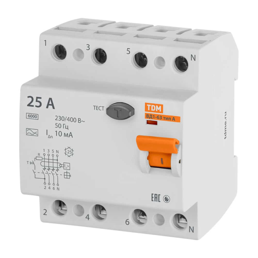 Изображение товара Устройство защитного отключения TDM ELECTRIC ВД1-63 4Р 25А 10мА тип А SQ0203-0084