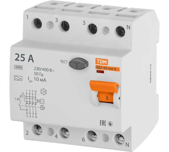 Изображение товара Устройство защитного отключения TDM ELECTRIC ВД1-63 4Р 25А 10мА тип А SQ0203-0084