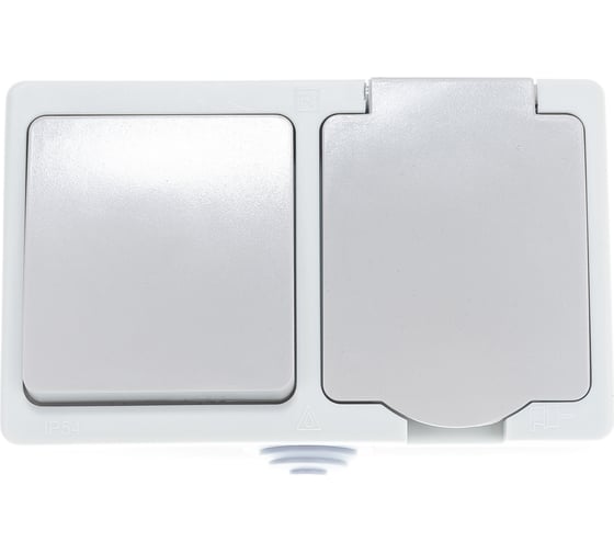 Изображение товара Горизонтальный блок: выключатель 1 кл + розетка UNIVersal Аллегро с/з, з/ш, IP54, с крышкой, серый 1273