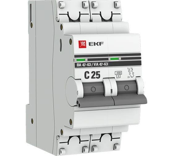 Изображение товара Автоматический выключатель EKF 2P 25А (C) 4,5kA ВА 47-63 PROxima mcb4763-2-25C-pro