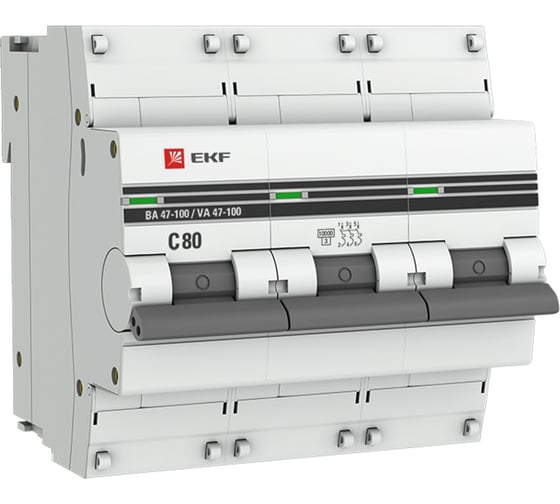 Изображение товара Автоматический выключатель EKF 3P 80А (C) ВА 47-100 10кА PROxima mcb47100-3-80C-pro