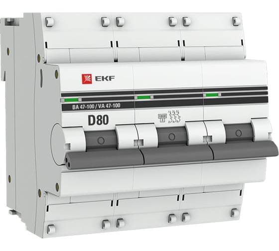 Изображение товара Автоматический выключатель EKF 3P 80А (D) ВА 47-100 10кА PROxima mcb47100-3-80D-pro