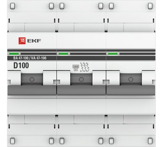Изображение товара Автоматический выключатель EKF 3P 100А (D) ВА 47-100 10кА PROxima mcb47100-3-100D-pro