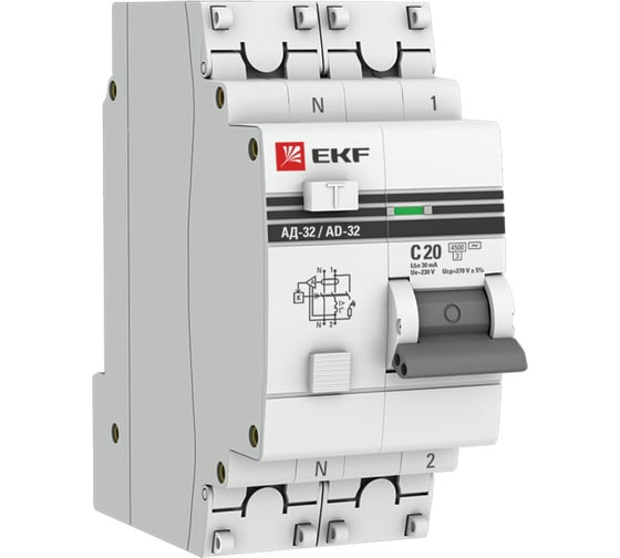 Изображение товара Автоматический дифференциальный выключатель EKF АД-32 2п 20А 30мА PROxima DA32-20-30-pro