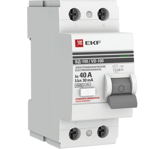 Изображение товара Устройство защитного отключения УЗО EKF ВД-100 2P 40А/ 30мА (электромеханическое) PROxima elcb-2-40-30-em-pro