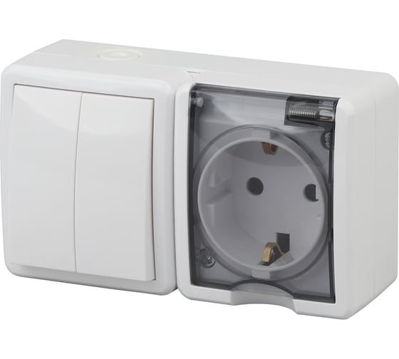 Изображение товара Блок: розетка+двойной выключатель ЭРА Эксперт 11-7402-01 IP54, 16АХ10AX-250В, ОУ, белый Б0020735