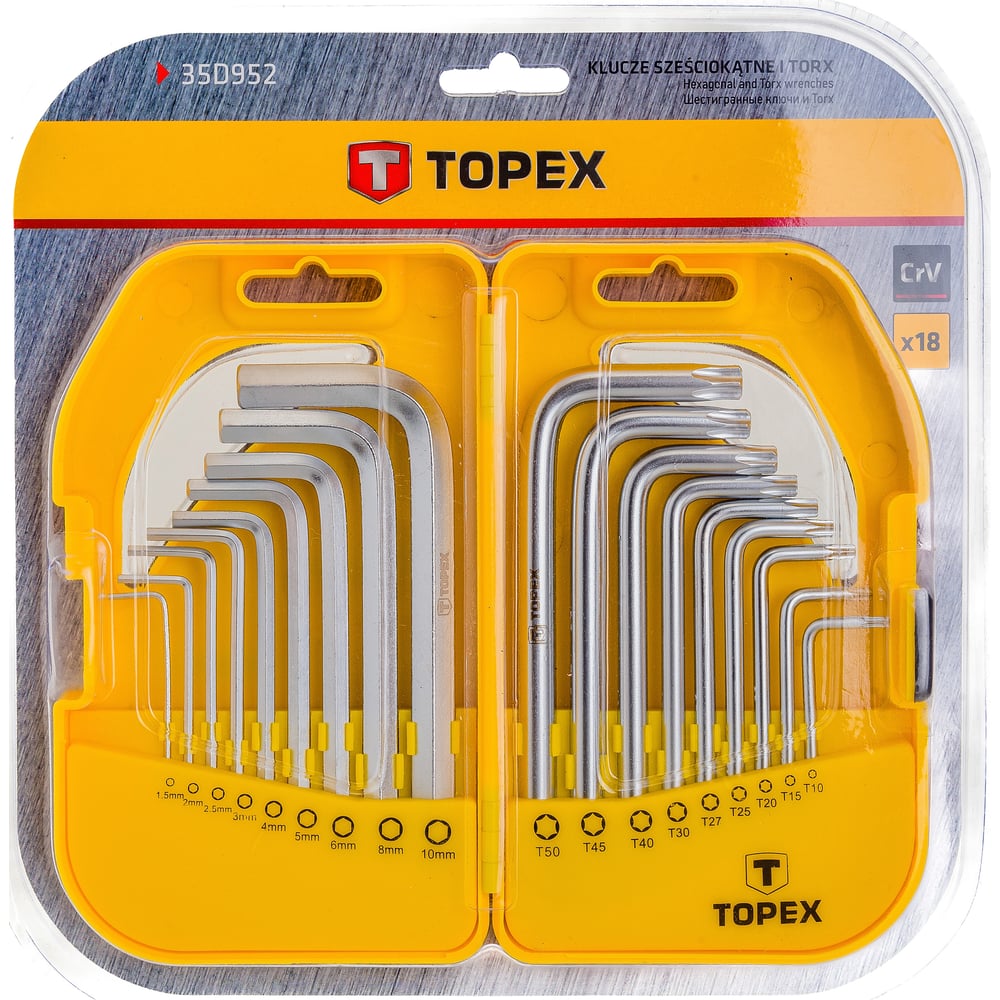 Изображение товара Набор шестигранных и Torx ключей TOPEX 35D952 18 шт с пластиковым пеналом