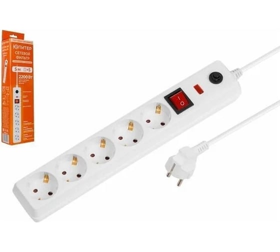 Изображение товара Сетевой фильтр ЮПИТЕР 5 м 5 розеток 2,2 кВт белый JP8501-02