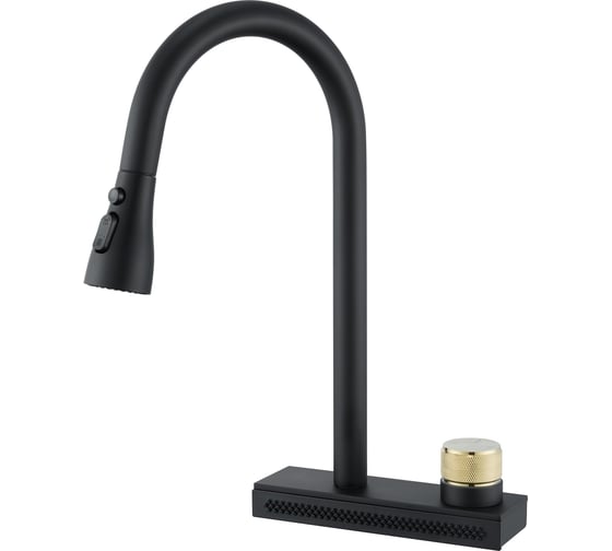 Изображение товара Смеситель для кухни OUTE на основании с водопадом, вытягивающимся изливом, режим душ/ струя, цвет черный T708H