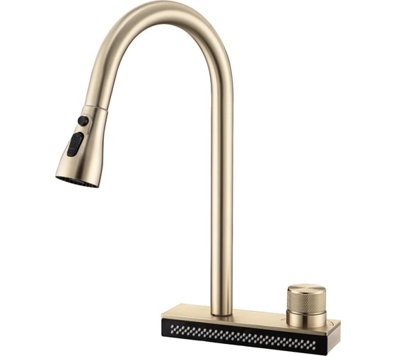 Изображение товара Смеситель для кухни OUTE на основании с водопадом, вытягивающимся изливом, режим душ/ струя, цвет матовое золото T708J