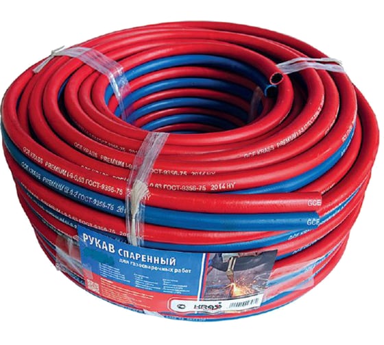 Изображение товара Рукав газовый спаренный KRASS I класс Ø 9,0 мм ацетилен/пропан (красный) / III класс Ø 9,0 мм кислород (синий) (бухта 40м); 2931006SB