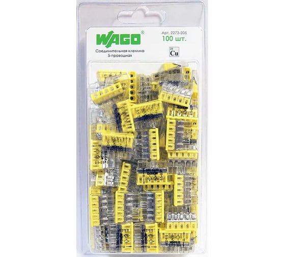 Изображение товара Соединительная клемма для быстрого монтажа WAGO 2273-205 5-ти проводная 0,5-2,5 кв.мм, 450В, 24А, без пасты, 100 шт 2668