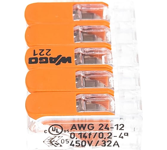 Изображение товара Соединительная клемма с рычажком WAGO 221-415 5-ти проводная, 0,14-4 кв.мм, 450В, 32А, без пасты, 25 шт. 2662