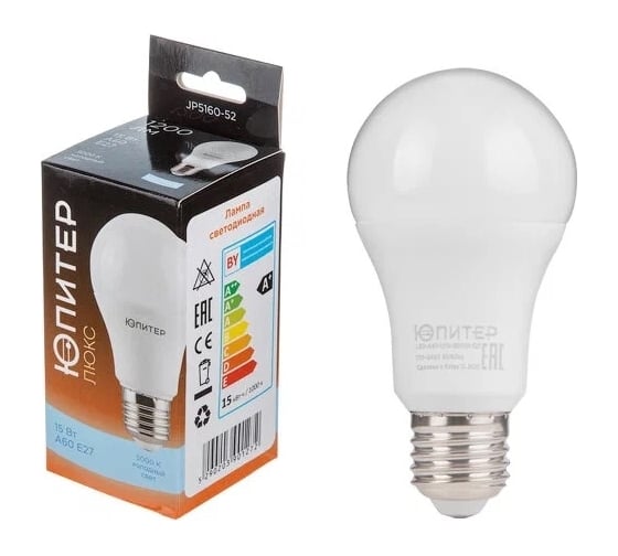 Изображение товара Светодиодная лампа ЮПИТЕР E27 Люкс A60 15 Вт 5000К JP5160-52