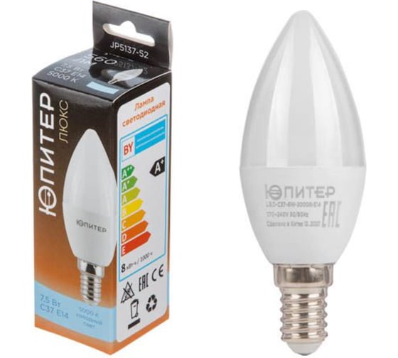 Изображение товара Светодиодная лампа ЮПИТЕР E14 Люкс C37 7,5 Вт 5000К JP5137-52