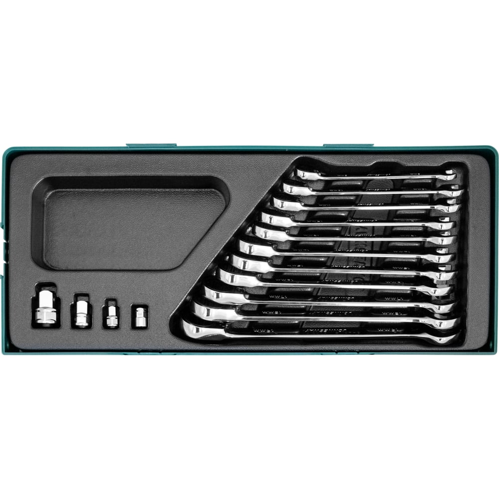 Изображение товара Набор гаечных комбинированных трещоточных ключей с аксессуарами Jonnesway W106115SP 8-19 мм, 15 предметов 46624