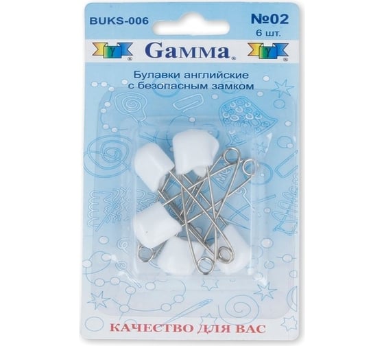Изображение товара Английские булавки Gamma BUKS-006 с безопасным замком, в блистере, 6 шт, 40 мм, 02 белый 185887
