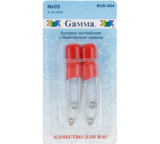 Изображение товара Английские булавки Gamma BUK-004 с безопасным замком, в блистере, 4 шт, 53 мм, 05 красный 185910