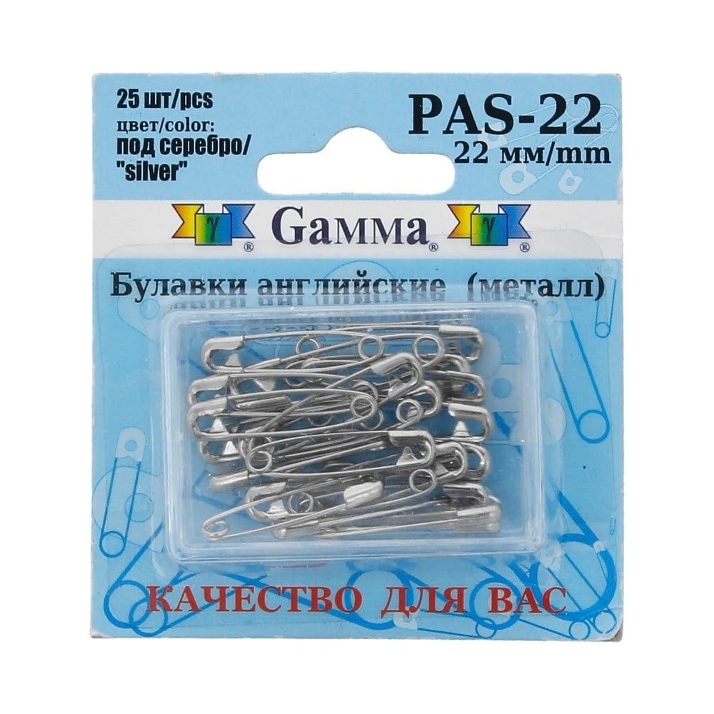 Изображение товара Английские булавки Gamma PAS-22 под серебро, сталь, в блистере, 25 шт, 22 мм 384787
