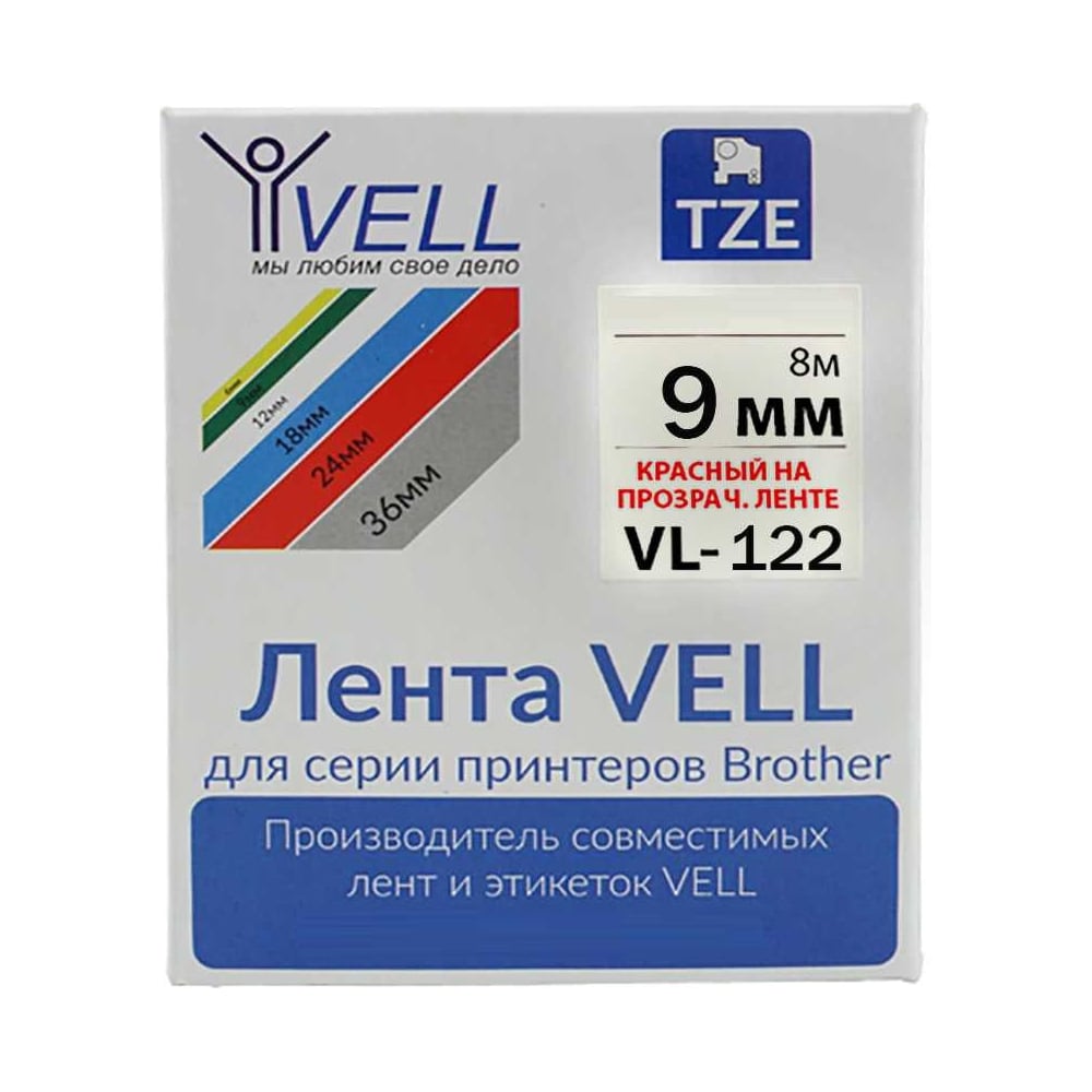 Изображение товара Лента Vell VL-122 9 мм красный на прозрачном для Brother