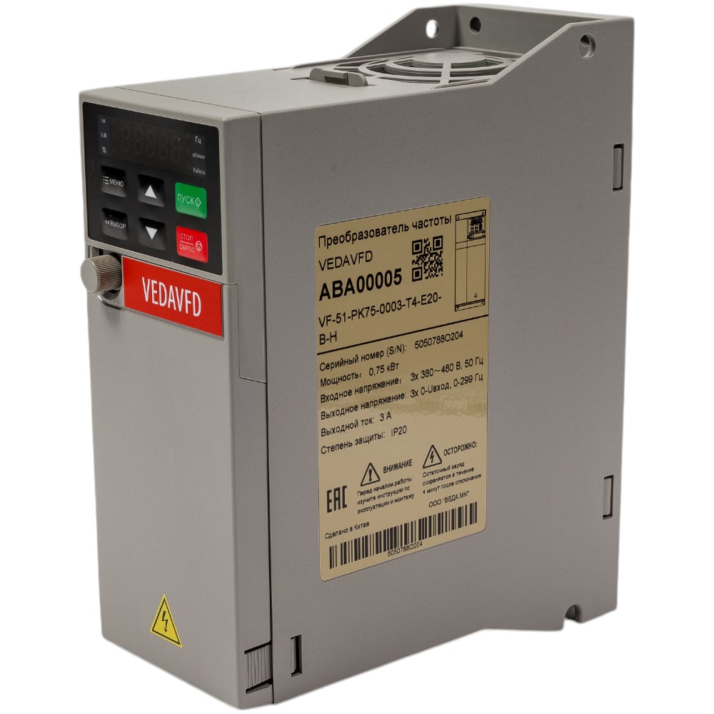 Изображение товара Преобразователь частоты VEDA VF-51-PK75-0003-T4-E20-B-H 0,75 кВт 380 В IP20