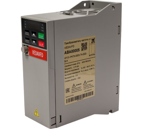 Изображение товара Преобразователь частоты VEDA VFD vf-51-pk75-0003-t4-e20-b-h, 0,75квт, 380в, ip20 ABA00005