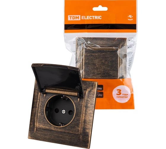 Изображение товара Розетка 2П+З 16А 250В IP44 с защитными шторками с крышкой TDM ELECTRIC старинная бронза, серия "Лама" SQ1815-0755