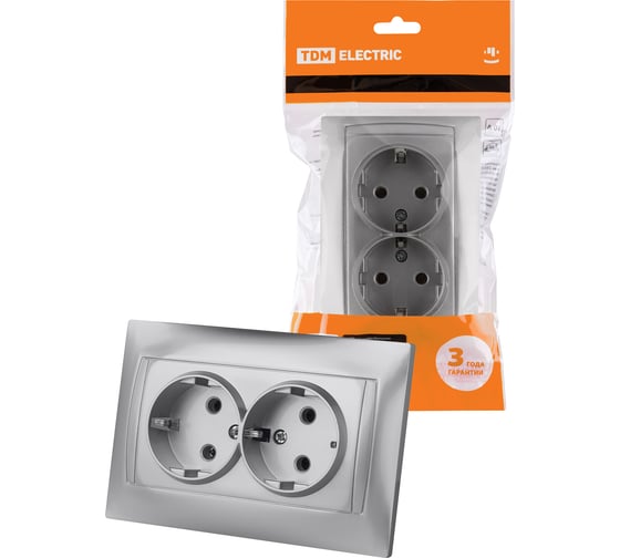 Изображение товара Двойная розетка TDM ELECTRIC Лама 2П+З 16А 250В серебряный металлик SQ1815-0225