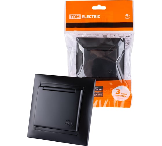 Изображение товара Розетка TDM ELECTRIC Лама 2П+З 16А 250В IP44 с защитными шторками, с крышкой, графит SQ1815-0614