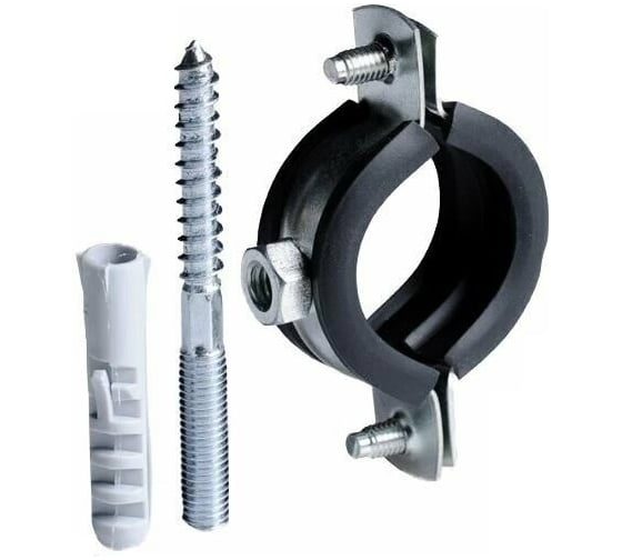 Изображение товара Стальной хомут Rvc (75-80) 2 1/2", с резиновым уплотнителем и крепежом М8x100 в комплекте дюбель 09103