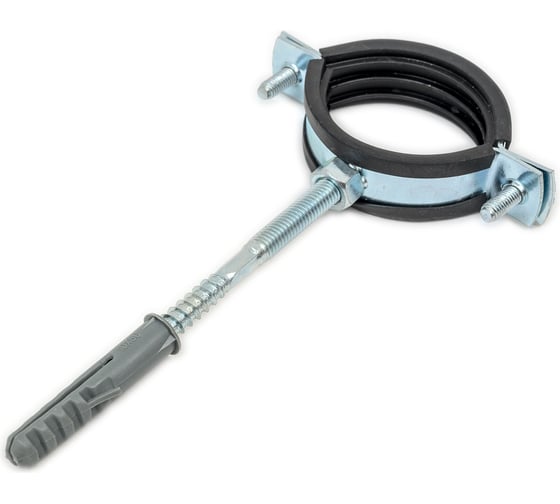 Изображение товара Стальной хомут Rvc (47-51) 1 1/2", с резиновым уплотнителем и крепежом М8x100 в комплекте дюбель 09101
