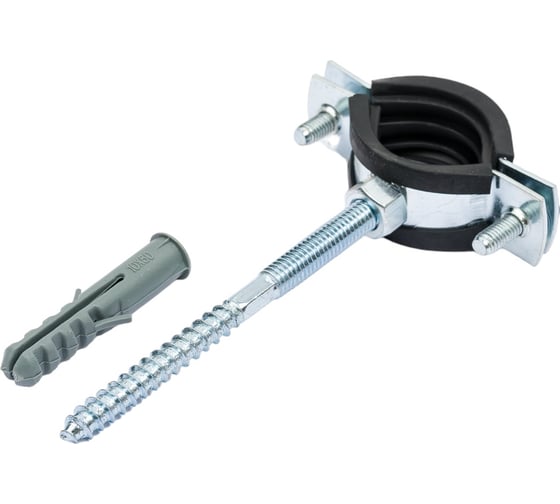 Изображение товара Стальной хомут Rvc (26-30) 3/4", с резиновым уплотнителем и крепежом М8x100 в комплекте дюбель 09098