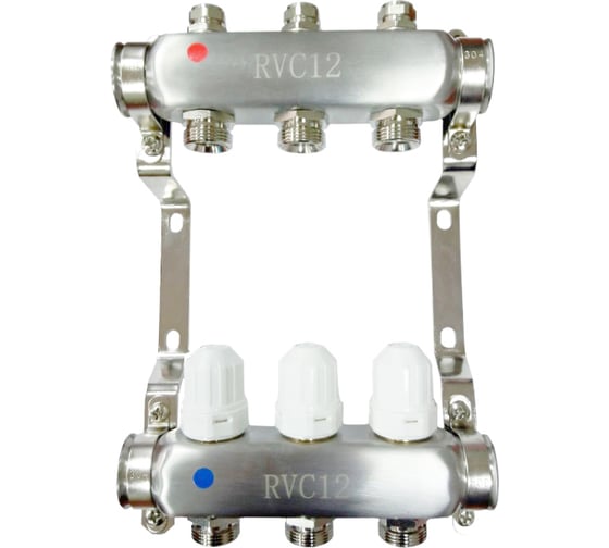 Изображение товара Коллекторный блок Rvc ТП нержавеющая сталь, 1 (DN25) 12x3/4 (евроконус), c вентильными вставками 10373