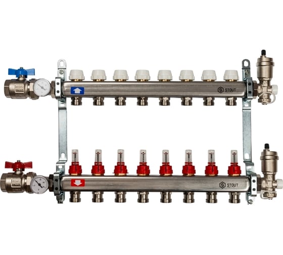 Изображение товара Коллектор из нержавеющей стали в сборе с расходомерами STOUT 8 выходов SMS 0907 000008