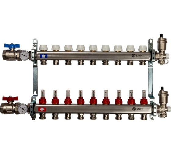 Изображение товара Коллектор из нержавеющей стали в сборе с расходомерами STOUT 9 выходов SMS 0907 000009