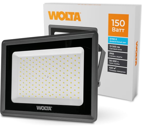 Изображение товара Светодиодный прожектор Wolta 150Вт, 5700К Холодный белый свет, IK08, 90лм/Вт, IP65 WFL-150W/06