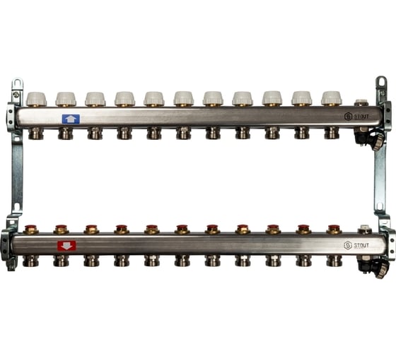 Изображение товара Коллектор из нержавеющей стали без расходомеров, с клапаном выпуска воздуха и сливом STOUT 11 выходов SMS-0932-000011