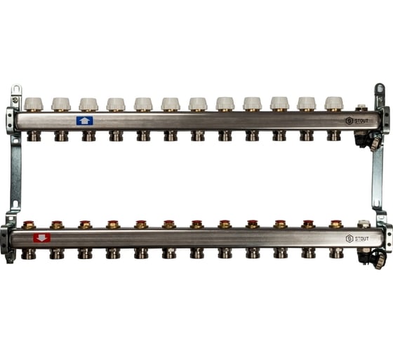 Изображение товара Коллектор из нержавеющей стали без расходомеров, с клапаном выпуска воздуха и сливом STOUT 12 выходов SMS-0932-000012