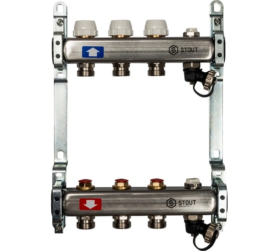 Изображение товара Коллектор из нержавеющей стали без расходомеров, с клапаном выпуска воздуха и сливом STOUT 3 выхода SMS-0932-000003