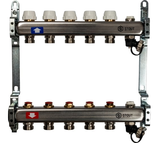 Изображение товара Коллектор из нержавеющей стали без расходомеров, с клапаном выпуска воздуха и сливом STOUT 5 выходов SMS-0932-000005