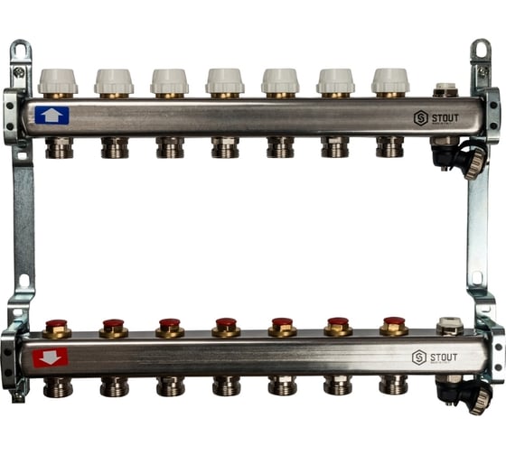 Изображение товара Коллектор из нержавеющей стали без расходомеров, с клапаном выпуска воздуха и сливом STOUT 7 выходов SMS-0932-000007