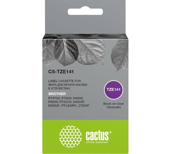 Изображение товара Ленточный картридж CACTUS CS-TZE141 черный для Brother PT-P700, P750W, P900W, P950W, PT-D210 1720904